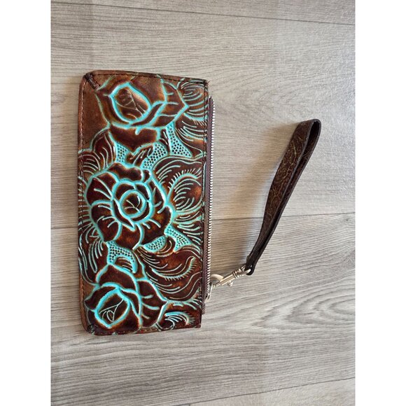 Patricia Nash Navelli Leather Tote Wristlet Set Brown & Turquoise Tooled Leather - Picture 13 of 16